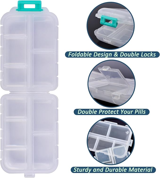 2 Pack Pill Organizer Travel Case - 10 Compartments Portable Medicine Container with 330 Labels, Double Lock Design (White & Chocolate, 2 Boxes)
