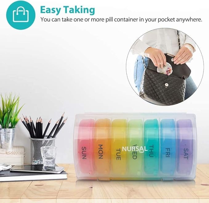 Weekly Pill Organizer 3 Times A Day, NURSAL 7+1 Pill Organizer BPA Free, 7 Day Large Compartment Pill Box with Extra Pill Case, Portable for Pills, Fish Oil and Supplements
