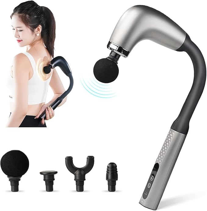 Deep Tissue Massage Gun for Back & Full Body – Long Handle Percussion Muscle Massager with 4 Replaceable Heads, Adjustable Speeds & Quiet Motor – Relieve Muscle Pain, Soreness & Stiffness (Silver)