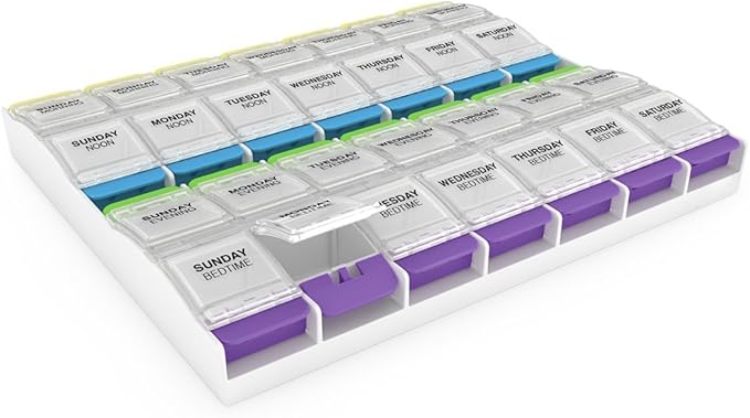EZY DOSE Weekly (7-Day) Pill Organizer, Vitamin Container, and Daily Medicine Planner, 2X-Large Push Button Compartments, Arthritis Friendly, Easy to Use, 4 Times a Day, Clear Lids, BPA Free