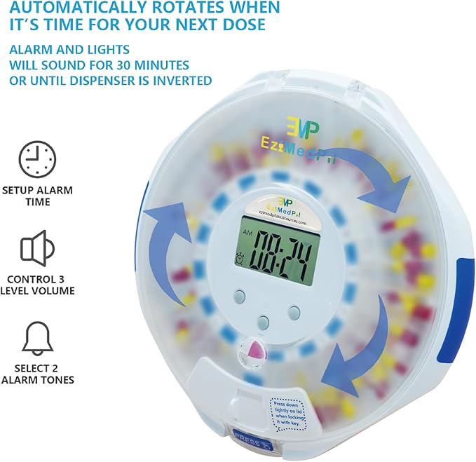 EziMedPil Bluetooth Pill Dispenser w/Sound & Light & App Alert, up to 9 Alarms/Day, Easy Setup on SmartLife, Frosted Lid & Locked 28-Day Medication Dispenser for Protecting Pills Privacy