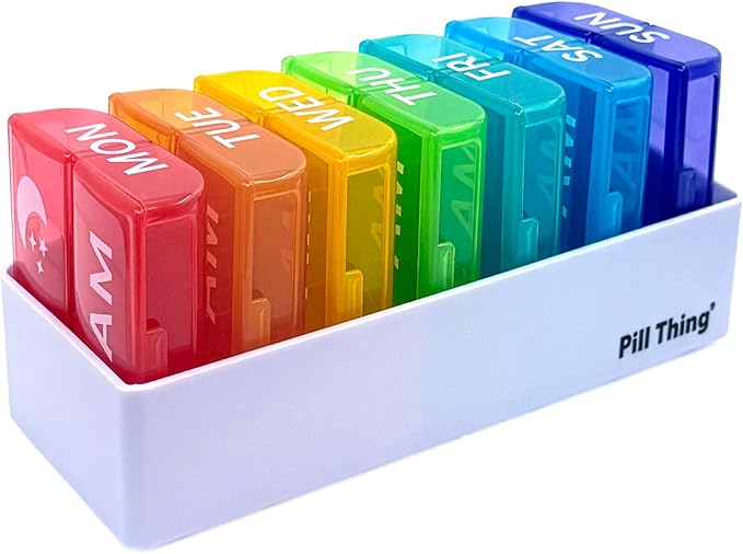 6 Times a Day, 7 Day Large Weekly Pill Organizer with Holder Tray, Vitamin, Medicine Box, Multicolor with Medical Alert Card (2X a Day - 2 Pack)