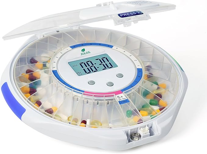 JULOS 28-Day Automatic Pill Dispenser with Lock for Elderly, Electronic Medication Organizer with Sound/Light Alerts, up to 6 Alarms/Day, Frosted Lid Medication Dispenser for Protecting Pills Privacy
