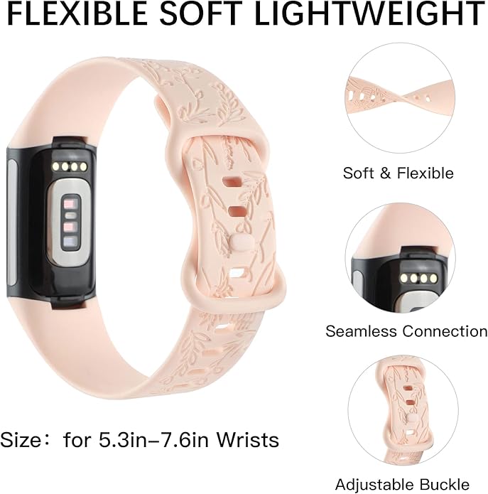 Flower Engraved Bands Compatible with Fitbit Charge 5 Band/Charge 6 Bands Women Cute Floral Engraving Soft Silicone Sport Strap Replacement Wristband for Fitbit Charge 5/6 Tracker Accessories