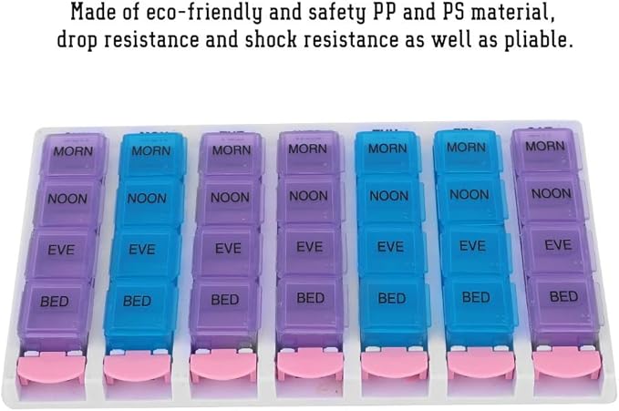 7 Days, Organiser, 7 Days 4 Times a Day 28 Compartments Organizer with Push Button (Blue)