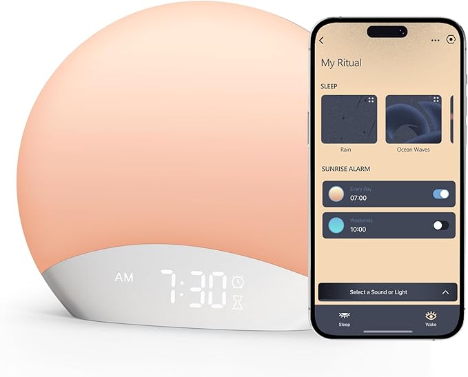 REACHER R7APP Smart Sunrise Alarm Clock with App Control, Custom Wake & Sleep Routines - Multi Sunrise Color, White Noise Sound Machine, Dimmable Display | Night Light, Screen-Free Sleep
