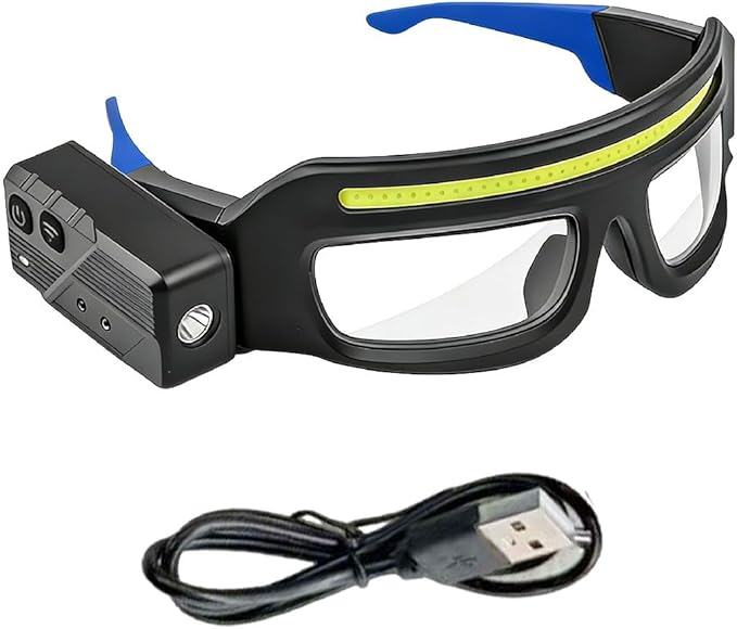 Rechargeable LED Headlamp - Light Up Safety Glasses with Motion Sensor, Hands-Free Headlight Glasses for Men Women, 5-Mode Bright Work Light for Running Camping Mechanic (Blue)