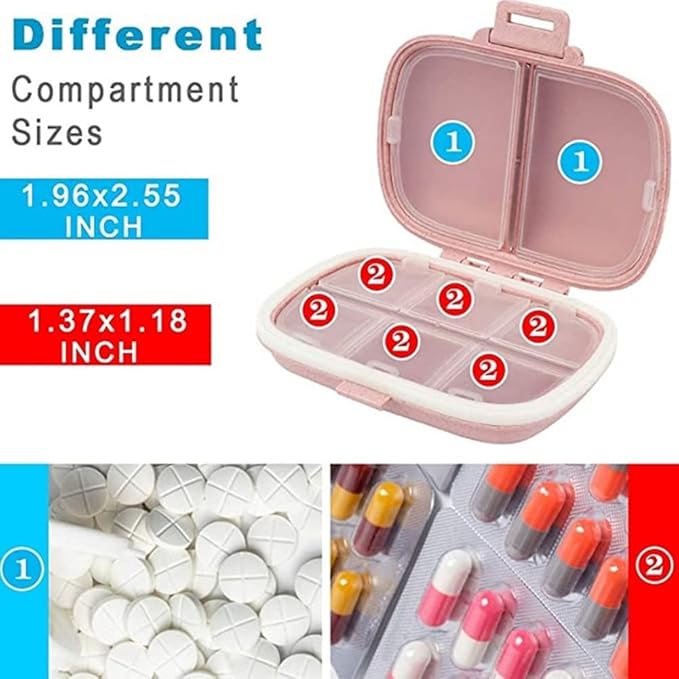 Daily Pill Organizer 1 Travel Portable Pill Case 8 Compartments Pill Box with Seal Ring Moisture Proof Small Medicine Vitamin Holder Container for Pocket Purse Waterproof Pill Supplement Case (Pink)