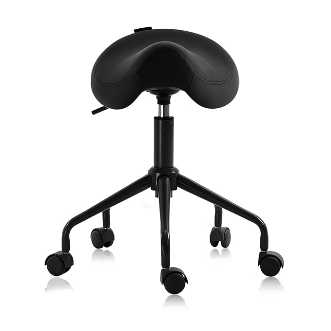 Adjustable Height Hydraulic Rolling Swivel Stool Chair with Metal Base and Faux Leather Cushion for Salon, Medical, Office and Home, 503 Kai Series - Saddle Seat, Black
