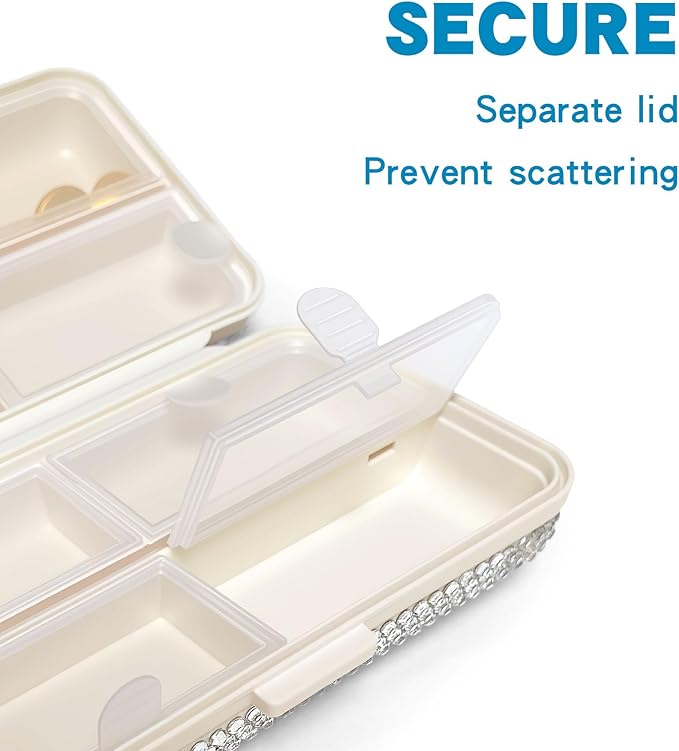 Yivaiks Bling Travel Pill Organizer Crystal Rhinestone 7 Compartments Portable Pill Case Daily Pill Box to Hold Vitamins Small Pill Container for Pocket Purse Medicine Organizer(White)