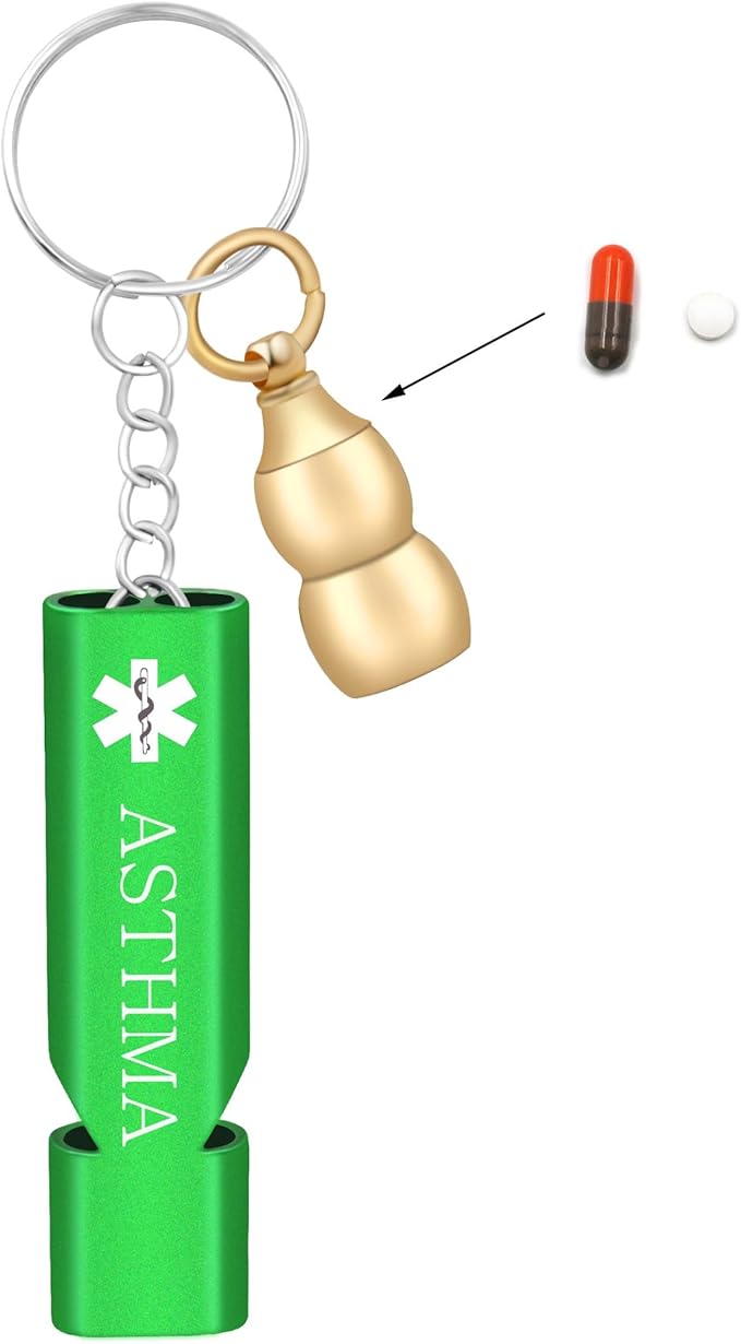 Asthma Medical Alert Keychain with Green Whistle – Waterproof Brass Gourd Pill Organizer Keychain Engraved with Emergency Info, Perfect for Sports, Travel, and Everyday Use