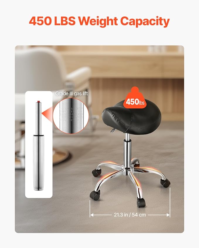 VEVOR Saddle Stool with Wheels, 450 LBS Weight Capacity Ergonomic Rolling Stool, Height Adjustable Thickened PU Leather Swivel Saddle Chair for Salon, Spa, Massage, Tattoo, Clinic, Black
