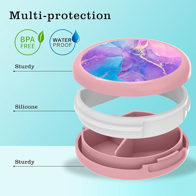 Serfeymi Small Pill Box - 3 Compartments Portable Pill Box for Purse Pocket, Compact Mini Travel Pill Case - Suitable for Medicine, Vitamin, Fish Oil, Supplements - Pink(Fluid Art)