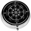 Round Stainless Steel Pill Box Case Norse Viking Vegvisir Compass Goth Pentagram, Pocket 3 inches Medicine Tablet Holder Organizer Case for Purse - Compact 3 Compartment