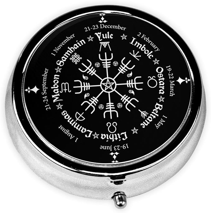 Round Stainless Steel Pill Box Case Norse Viking Vegvisir Compass Goth Pentagram, Pocket 3 inches Medicine Tablet Holder Organizer Case for Purse - Compact 3 Compartment