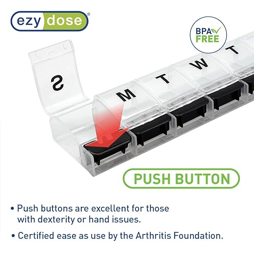 EZY DOSE Weekly (7-Day) AM/PM Daily Pill Organizer, Vitamin Case, and Medicine Container, X-Large Compartments, Arthritis Friendly, Convenient with Effortless Portability, Clear/Black Lids, BPA Free