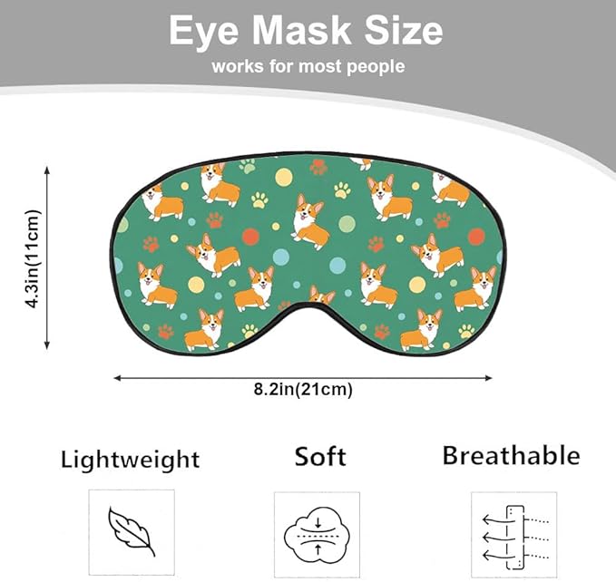 Funny Dog Sleep Mask Eye Mask Corgi Cute Puppies Cartoon Pet Animal Green Sleep Mask Light Blocking Adjustable Smooth Soft Eye Masks for Women Deep Rest Travel