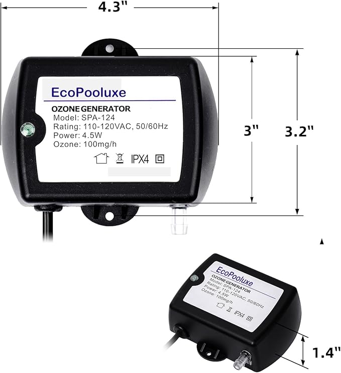 SPA-124 Spa-Ozonator Kit, 100mg/h Efficient Output Ozone Machine, Mini Portable Ozone-Generator with Check Valve&PVC Hose for Cold Plunge and Hot Tub, Black