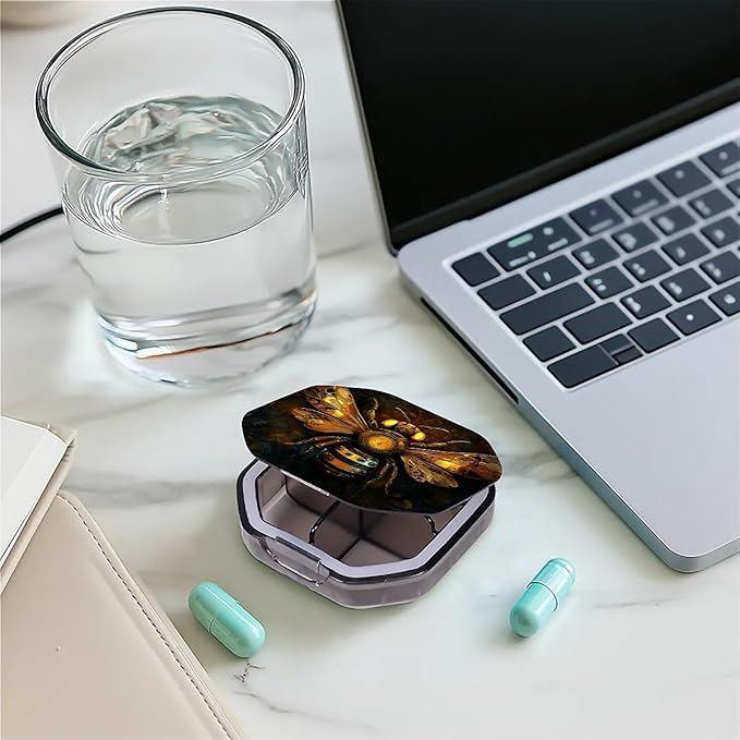This Portable Mechanical Bee Pattern 4 Compartment Pill Box Can Be Placed in A Pocket Or Wallet to Store Vitamins, Medicines Health Supplements Other Medications.