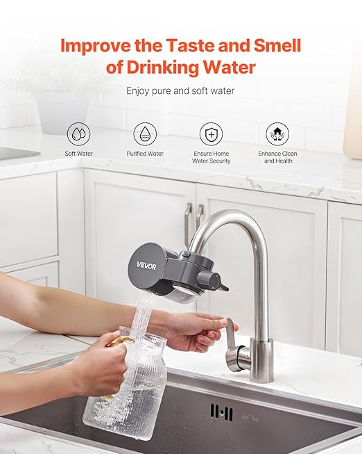 VEVOR Faucet Mount Water Filter, Horizontal Water Purifier for Sink Tap, NSF Certified Carbon Fiber Filter, Removes Chlorine Lead with 3 Filters, Fits Most Kitchen or Bathroom Faucets, Gray