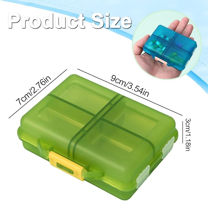 Small Travel Pill Box Organizer, 8 Compartment Pill Case Planner, Portable Folding Daily Medcine Container Capsule Dispenser for Storage Medication, Meds, Vitamin, Fish Oil, Supplement, Green