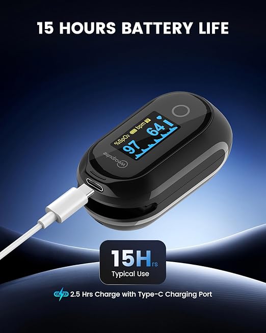 Rechargeable Pulse Oximeter Fingertip, Bluetooth Blood Oxygen Saturation and Pulse Rate Monitor with App, 8 * 10 Hours Built-in Memory Pulse ox, Continuous O2 Sat Meter with Smart Beep