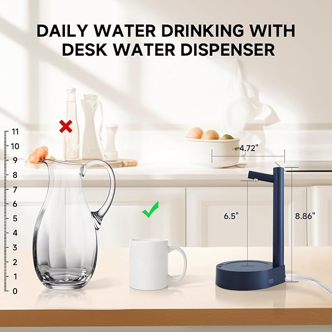 Water Dispenser for 5 Gallon Bottle – Desktop Electric Water Pump with USB-C Fast Charging, Portable 5 Gallon Water Jug Dispenser for Home, Office, Bedside & Countertop(Navy Blue)