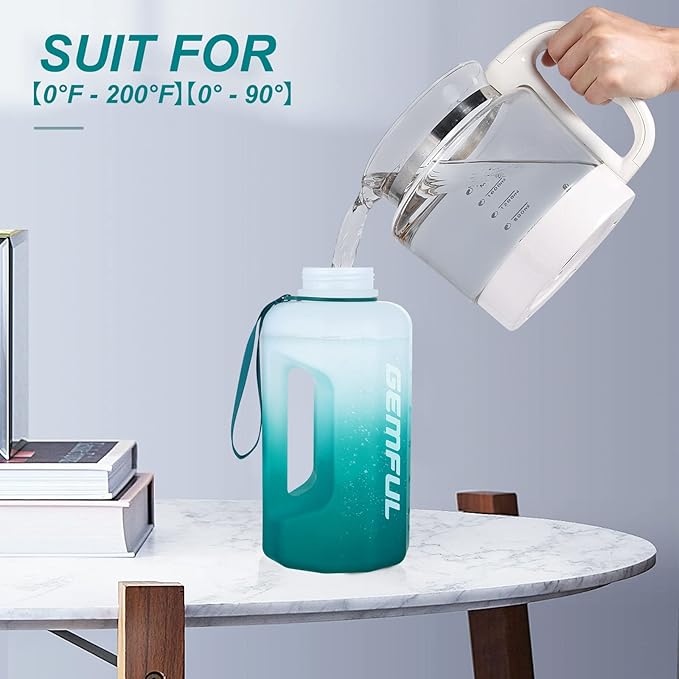 GEMFUL 2.2L Gym Water Bottle with Strap Half Gallon Motivational Jug for Workout Outdoor BPA-Free Leakproof Sports Bottle 74oz (Cyan no Straw)