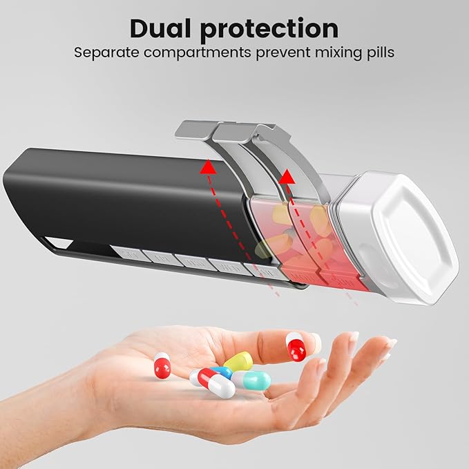 Daviky Travel Pill Organizer - Premium Aluminum 7 Day Weekly Pill Organizer, Daily Pill Case Spill Prevention, Stylish Pill Holder 7 Day Capacity for Medicine, Supplements and Vitamins (Black)