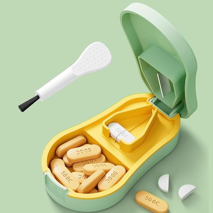 Pill Cutter for Small and Tiny Pills - Pill Splitter with Detachable Silicone Pad - Easy Open Snap Button. Wrap-Around Blade Guard Prevents Cuts. Back Storage (Green)