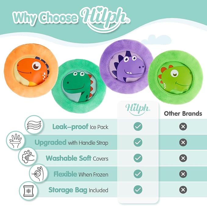Hilph Kids Ice Packs for Boo Boos, Reusable Toddler Cold Packs with Soft Sleeves for Kids Injuries, Baby Ice Packs Hot Cold Therapy for Child Pain Relief, Bump, Bruise, First Aid (4 Pack, Dinosaur)