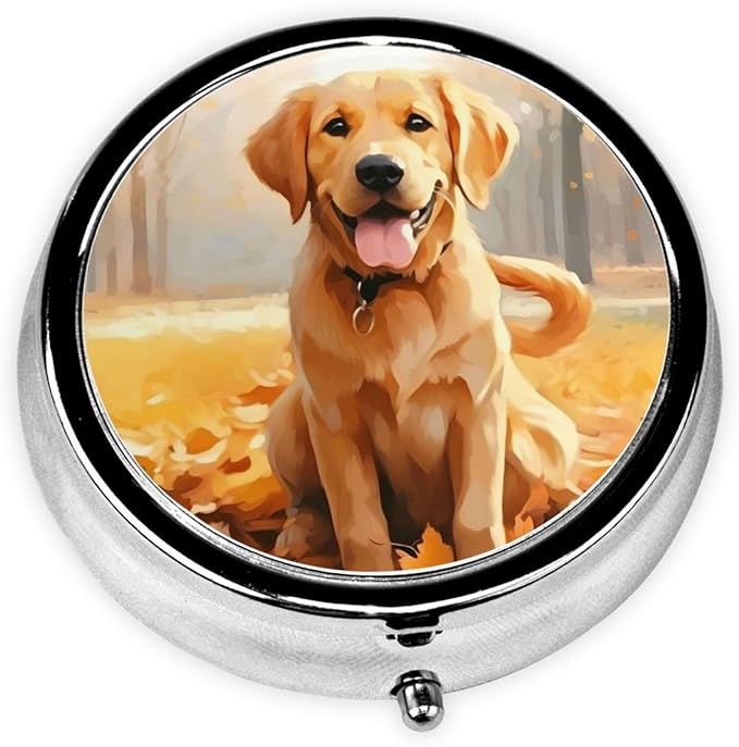 Autumn Forest Cute Dog Labrador Pill Box 3 Compartment Pill Case, Portable Medicine Pill Organizer for Pocket Purse Pill Box Decorative Metal Medicine Vitamin Organizer