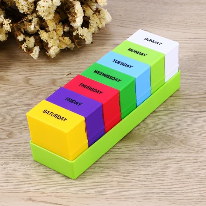 7-Day Weekly Pill Organizer with 28 Compartments 4 Daily Sections Colorful Medicine Box with Push Button Lids for Easy Medication Management at Home