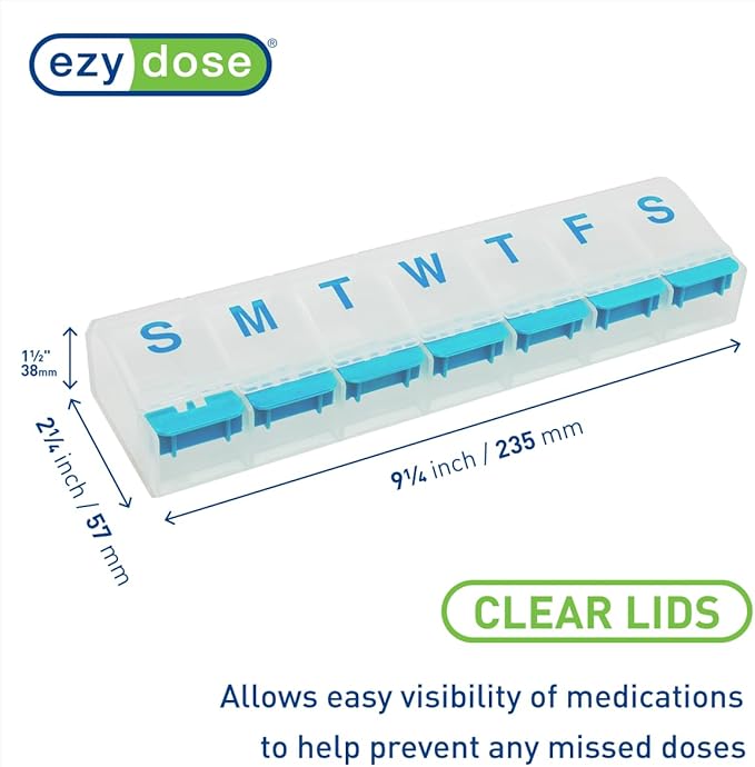 EZY DOSE Pill Organizer Weekly (7-Day), Medicine Planner, Vitamin Case/Box, 2X-Large Push-Button Compartments, Easy to Use, Travel-Friendly, Blue, BPA Free