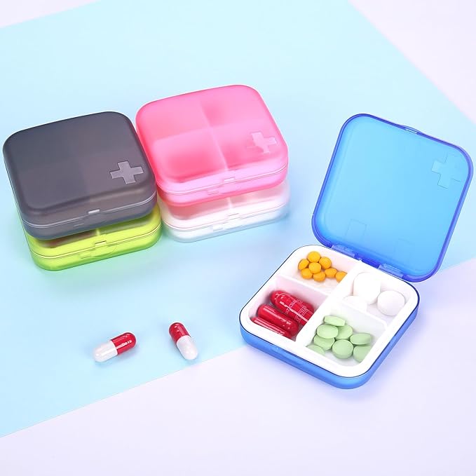 Portable Pill Organizer - Slim Pill Box for Purse or Travel, Compact Pill Case (4 Compartment, Pink)