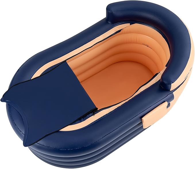 55.1 in Portable Bathtub for Adults, Foldable Inflatable PVC Bathtub with Electric Pump & Bath Pillow Headrest, Outdoor & Indoor Freestanding Collapsible Tub for Toddler Spa Hot Ice Bath (Orange)