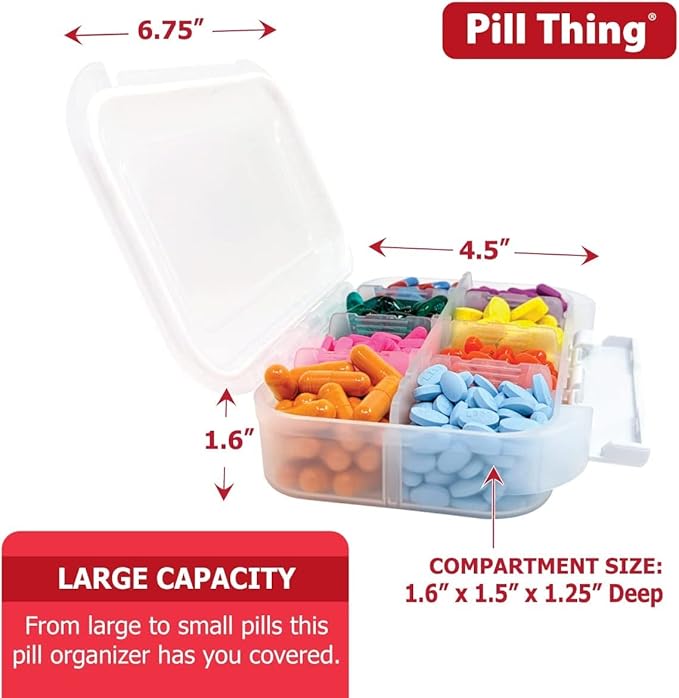 8 Compartment Large Pill Case with Airtight Seal, Adjustable Dividers, Silicone Gasket Waterproof Med Box with Medication Map (Clear - 2 Pack)
