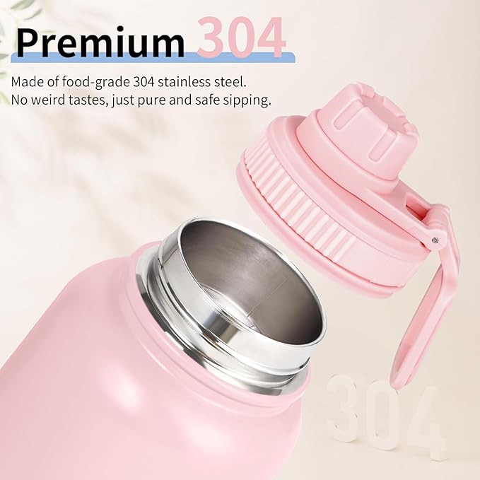 Water Bottle 32oz - Leakproof & BPA Free Sports Water Bottle Carry Strap for Gym, Travel and Outdoor Sports (Stainless steel insulation-Pink)