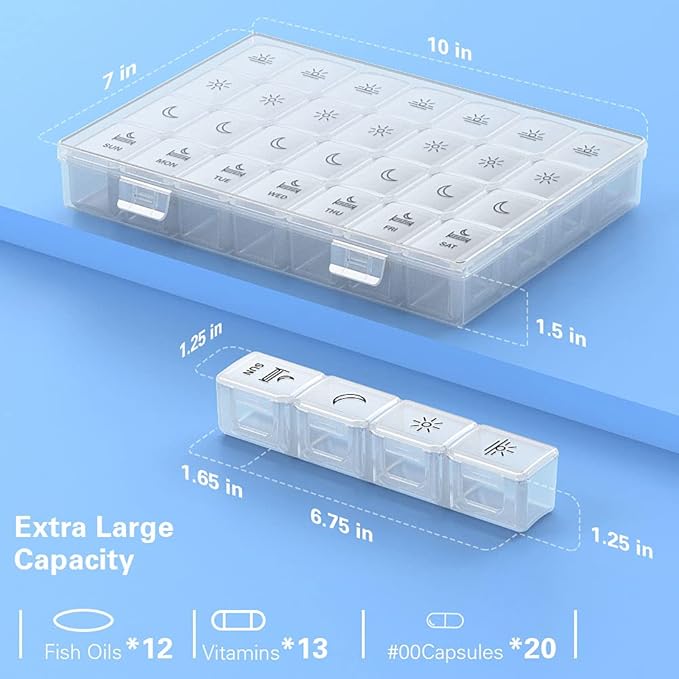 XL Pill Organizer 4 Times a Day, BUG HULL Extra Large Weekly Pill Box Case, 7 Day Vitamin Container Daily Pill Holder for Cod-liver oil, Vitamins, Supplements (White)