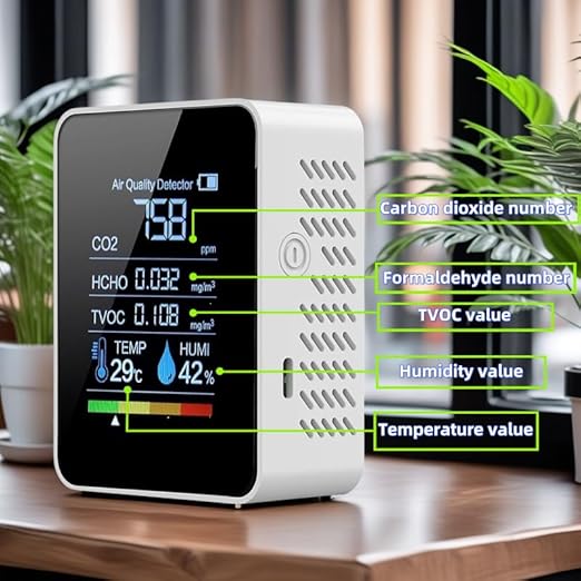 5-in-1 Indoor Air Quality Monitor, Professional Portable Detector&Accurate CO2,HCHO,TVOC,Humidity& Temperature,LED Display, 2s Refresh,for Home, Office,School, Hotel,Car Air Quality Tester (White)