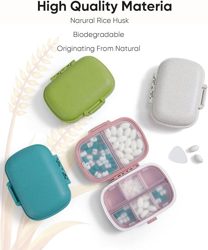Holii 4PS 8 Compartments Travel Pill Organizer, Pocket Pharmacy for Purse Daily Pill Box Portable Medicine Organizer Vitamin Holder Container （Multi-Colored）