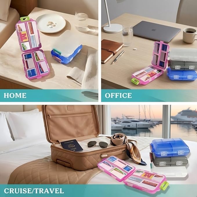 Pill Organizer with Medicine Labels Travel Daily Pill Container Mini Medication Organizer Storage Pill Organizer Travel Essentials Pill Case 7 Day (Blue & 161 Lables)