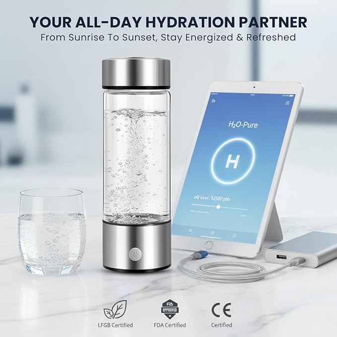 Hydrogen Water Bottle, Portable & Rechargeable – Molecular Hydrogen Water Generator, Alkaline Ionizer, Hydrogenated Water Purifier for Health & Fitness with Hydrogen-Rich Water Silver