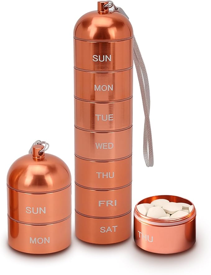 Weekly Organizer, Stackable Aluminum Alloy 7 Day Box Case, Small Portable Metal Organizer Case Keychain, Travel Cute Box Holder