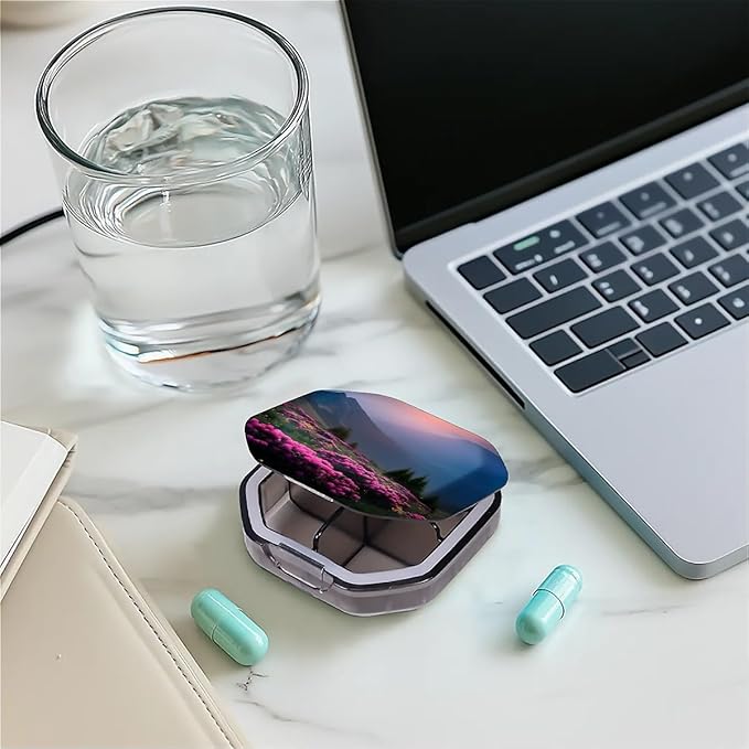 This Portable Pink Rhododendron Sunset Pattern 4-Compartment Pillbox Can Be Placed in A Pocket Or Wallet to Store Vitamins, Medicines Fish Oil Health Supplements Other Medications.