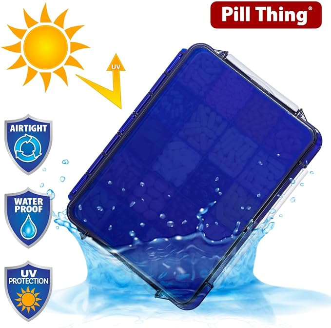 20 Compartment Large Pill Case, Combo of Clear & UV Protected Blue, Airtight & Waterproof Silicone Seal, Spill Proof, Medication Maps & Medical Alert Card (Combo Pack - 1 Blue & 1 Clear)