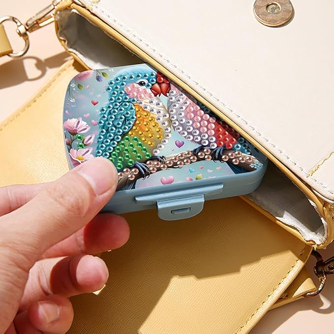 C'eitura DIY 2 Parrots Diamond Art Painting Blue Pill Organizer with 6 Lid Detachable Compartments, Fun DIY Craft Project for Adults, Elegant Pill Case for Purse & Travel