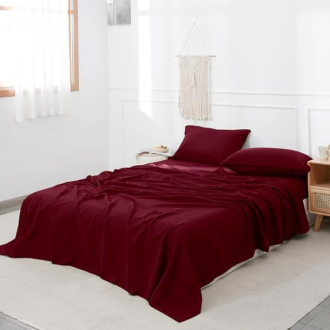 Simple&Opulence Belgian Linen Sheet Set Solid Color - 4 Pieces (1 Flat Sheet, 1 Fitted Sheet & 2 Pillowcases) Natural Flax Cotton Blend Soft Breathable Farmhouse Bedding - Queen Size, Burgundy Red