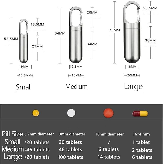 Stainless Steel Pill Box Keychain, Protable Pill Box Keychain Medicine Case Bottle, Waterproof Metal Pocket Pill Holder Medicine Bottle for Outdoor Camping Travel (S)