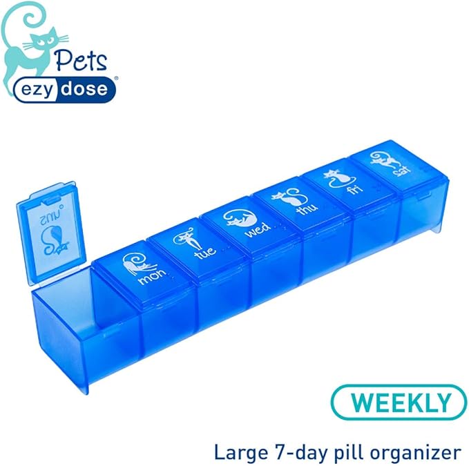 EZY DOSE Pet (7-Day) Pill Case, Medicine Planner, Vitamin Organizer Box for Cats, Convenient and Easy to Use, Large Compartment, Blue Lids, Convenient for Treats, Travel Friendly, BPA Free (Pack of 2)